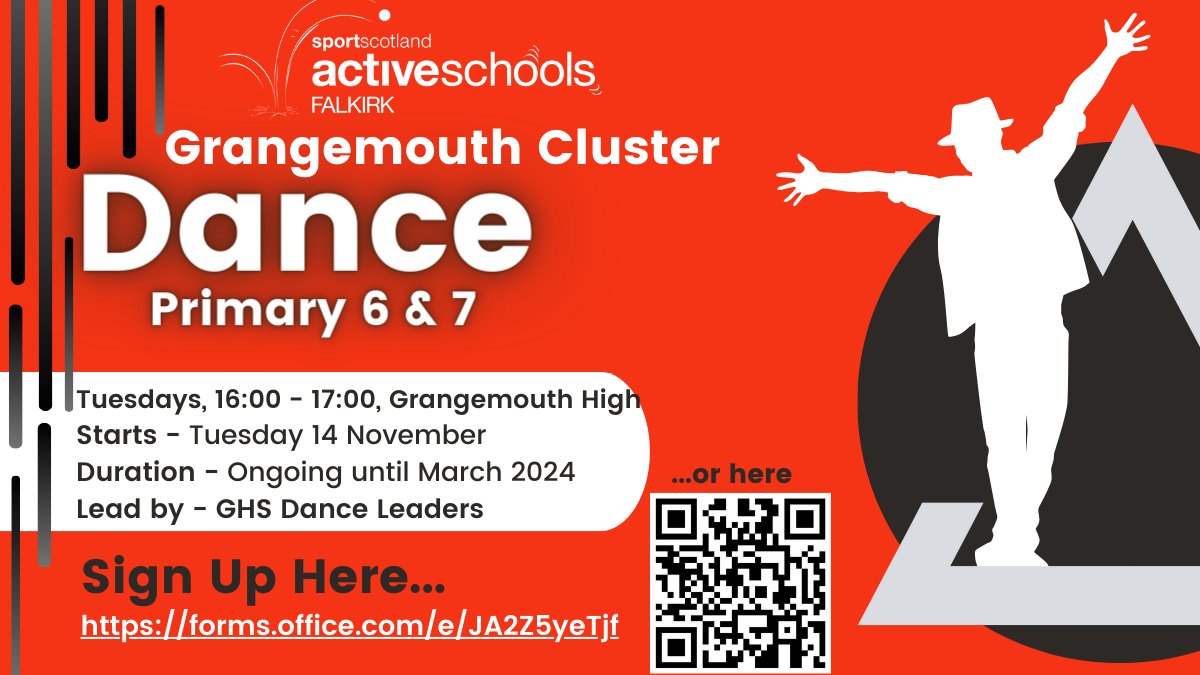 📢Grangemouth Cluster Dance Club👯🪩

P6 &amp; P7 pupils have been provided with flyers in school this week and info emails have been sent out from schools too!

Sign up to have fun, learn new skills and have the chance to perform at the competition in March forms.office.com/e/JA2Z5yeTjf