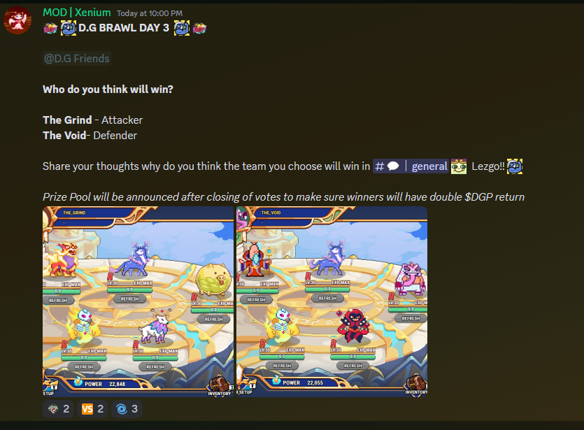 __eclipsing's tweet photo. What a thrilling day for @OfficialDgpals , having @CronosGrind and @VoidGamingGuild battle for our D.G Brawl day 3!🚀💪

Who do you think will win? Discuss in our server whose side will you take? 

https://t.co/fDrX7He4H6 https://t.co/V43EFIgAxi