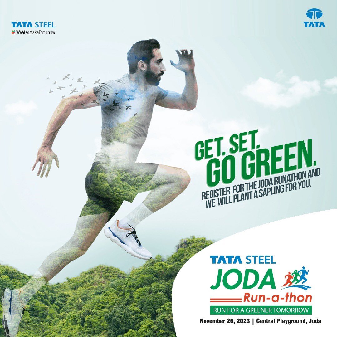 TataSteelLtd's tweet photo. Lace up your running shoes and join the Tata Steel #JodaRunathon2023 on Nov 26, at the Central Playground, Joda. When you register, we will plant a sapling on your behalf; a small step towards a greener tomorrow.
Register now: https://t.co/F4LMWPXcl5
#TataSteel #Runathon https://t.co/i5hjVjrS9F