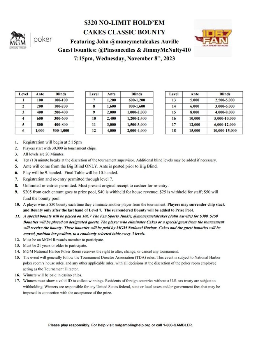 Wednesdays tournaments <a href="/MGMNH_Poker/">MGM National Harbor Poker</a>:

11:15AM: $150 NLH - $5K GTD

 7:15PM: $320 NLH - <a href="/moneymetalcakes/">John Auville</a> with <a href="/JimmyMcNulty410/">Big Rich</a> and <a href="/Pinsoneedles/">Aaron Pinson</a>