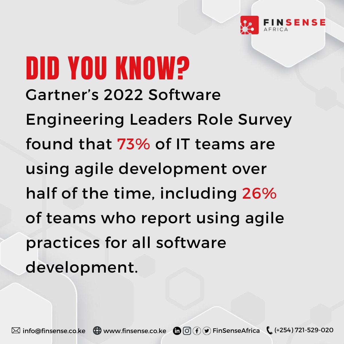 FinSenseAfrica's tweet image. Adapting to the fast-paced tech world, one agile sprint at a time! 🏃

 Gartner&apos;s 2022 survey shows that agile is the name of the game, with 73% of IT teams using it extensively and 26% going all-in. 💼🚀

 #AgileIT #SoftwareDevelopment