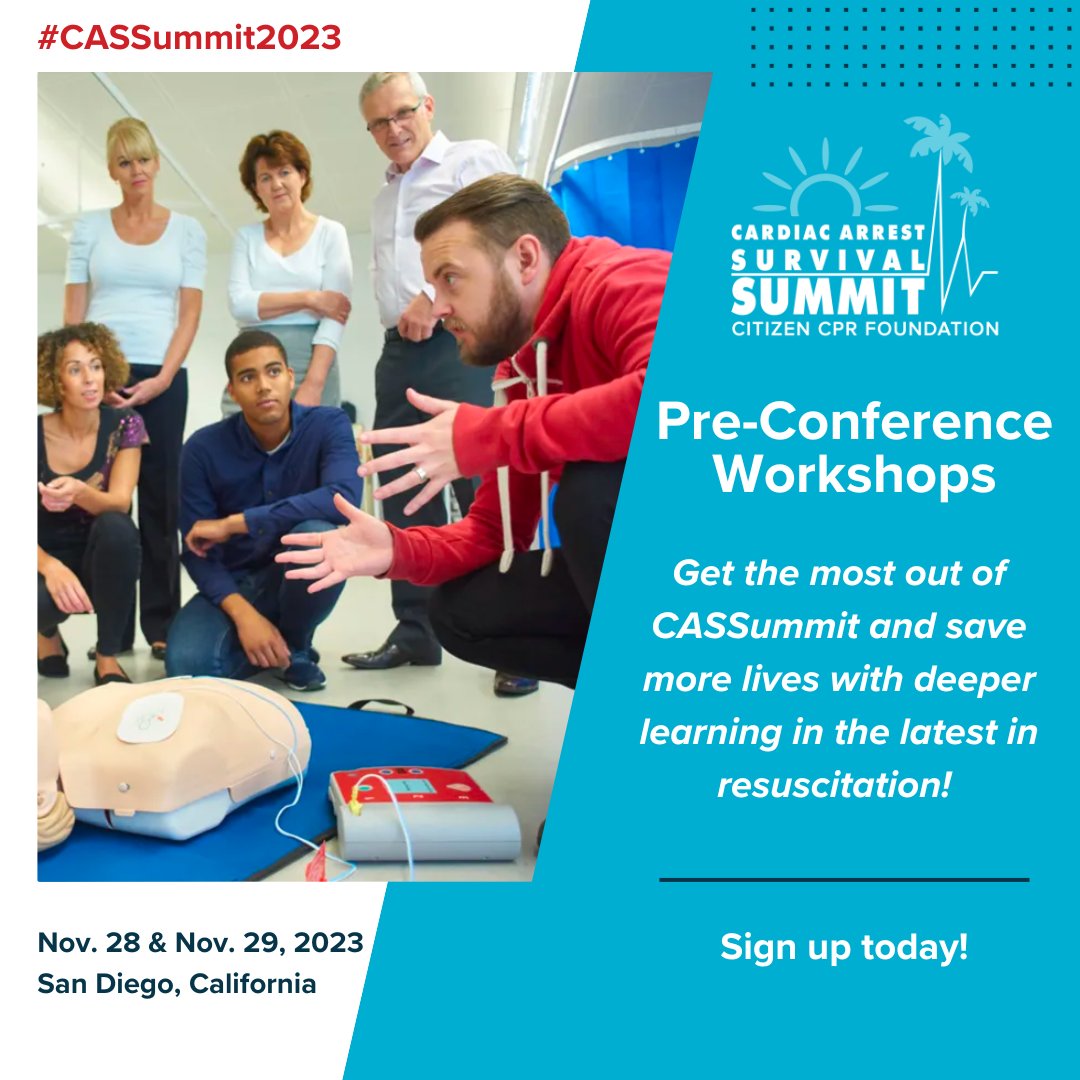 citizencprf's tweet image. Get the most out of CASSummit! Sign up for pre-conference workshops tailored for #CPRinstructors, #nurses, #EMS, program managers, #athletictrainers, #schooladministrators, #communityadvocates, #healthcare providers and more! Visit citizencprsummit.org. #CASSummit2023