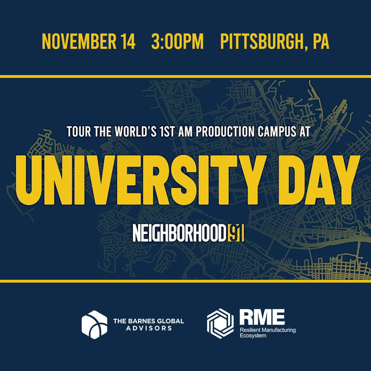 TBGA in collaboration with RME is hosting its first University Day at #Neighborhood91! Local #university students and professors are welcome to join us and explore the #additivemanufacturing production campus! Secure your spot at bit.ly/3QwRLdY #Pittsburgh #college