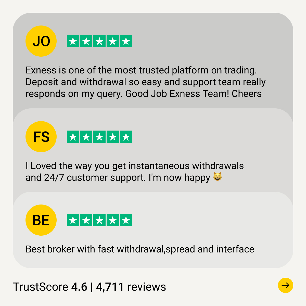 Check out what our valued traders have to say about their Exness experience on Trustpilot. 
We're dedicated to providing the best market conditions to our traders. 
Thank you for your feedback! 🙏📈 
#ExnessReviews #TrustpilotReviews