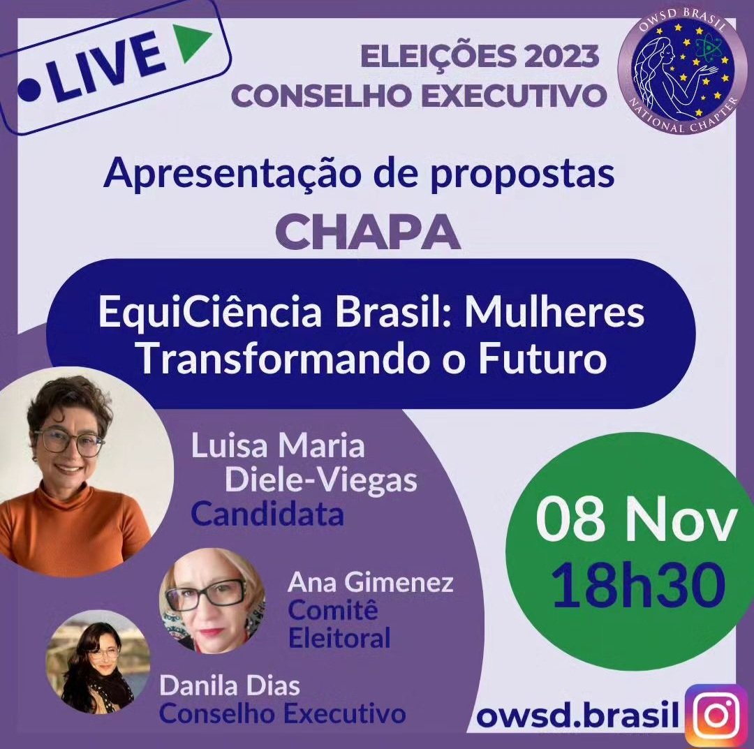Live de hoje com a candidata à presidência da chapa "EquiCiência Brasil: Mulheres Transformando o Futuro" 🙌. 18:30 no nosso instagram: owsd.brasil

#OWSD #WomanInScience #EleiçõesCapítuloBrasil #LiderançaFeminina