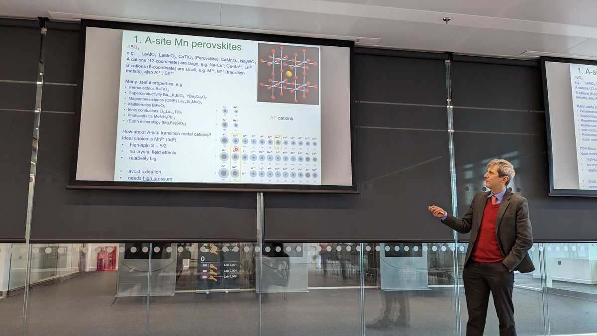 Pleased to have Prof Paul Attfield for today’s <a href="/aberdeenuni/">University of Aberdeen</a> chem dept seminar presenting his work as winner of the John Goodenough Award <a href="/RoySocChem/">Royal Society of Chemistry</a> "New Materials from High Pressure" 💎💫
First time I saw my academic parent and grandparent in the same room 😅
<a href="/AbSSChem/">Aberdeen Solid State Chemistry</a>