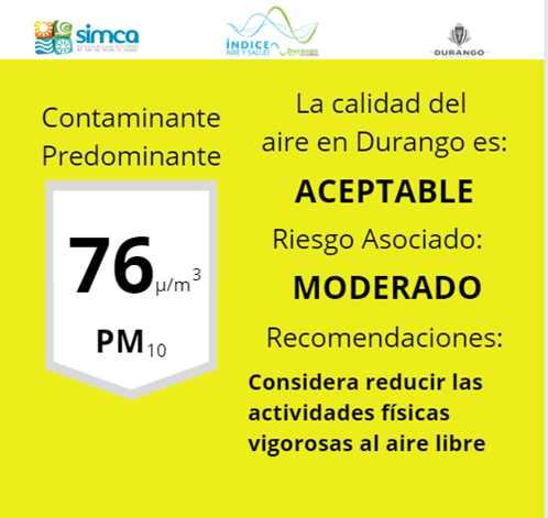 SimcaDgo's tweet photo. 08/11/23 La calidad del aire en DURANGO al momento es aceptable, con mayor concentración en Estación IPN https://t.co/dEAbFPaiMW
