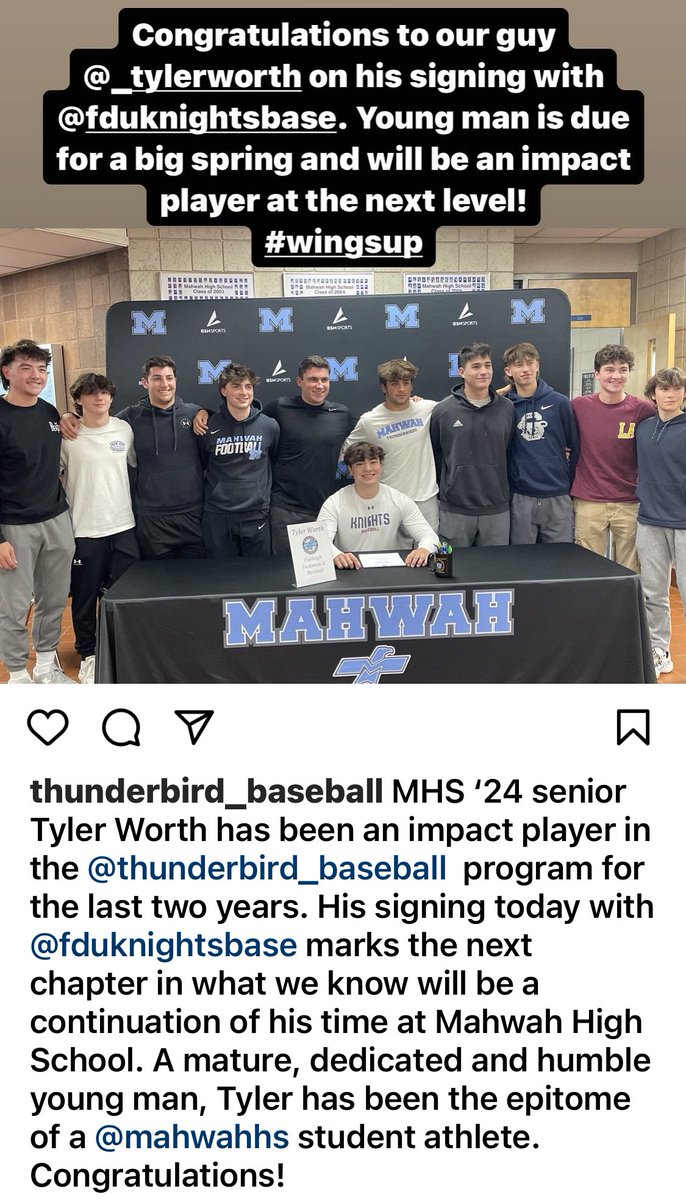 MahwahBaseballNJ (@mhsbaseball15) on Twitter photo Big shout out to <a href="/_tylerworth/">Tyler Worth</a>! Wish you all the best <a href="/FDUKnightsBase/">FDU Baseball</a>! But first, let’s get after it this spring for <a href="/MahwahHS/">Mahwah High School</a> baseball! <a href="/mahwahschools/">Mahwah Public Schools</a>
#GoBirdsGo
#wingsup Big shout out to <a href="/_tylerworth/">Tyler Worth</a>! Wish you all the best <a href="/FDUKnightsBase/">FDU Baseball</a>! But first, let’s get after it this spring for <a href="/MahwahHS/">Mahwah High School</a> baseball! <a href="/mahwahschools/">Mahwah Public Schools</a>
#GoBirdsGo
#wingsup