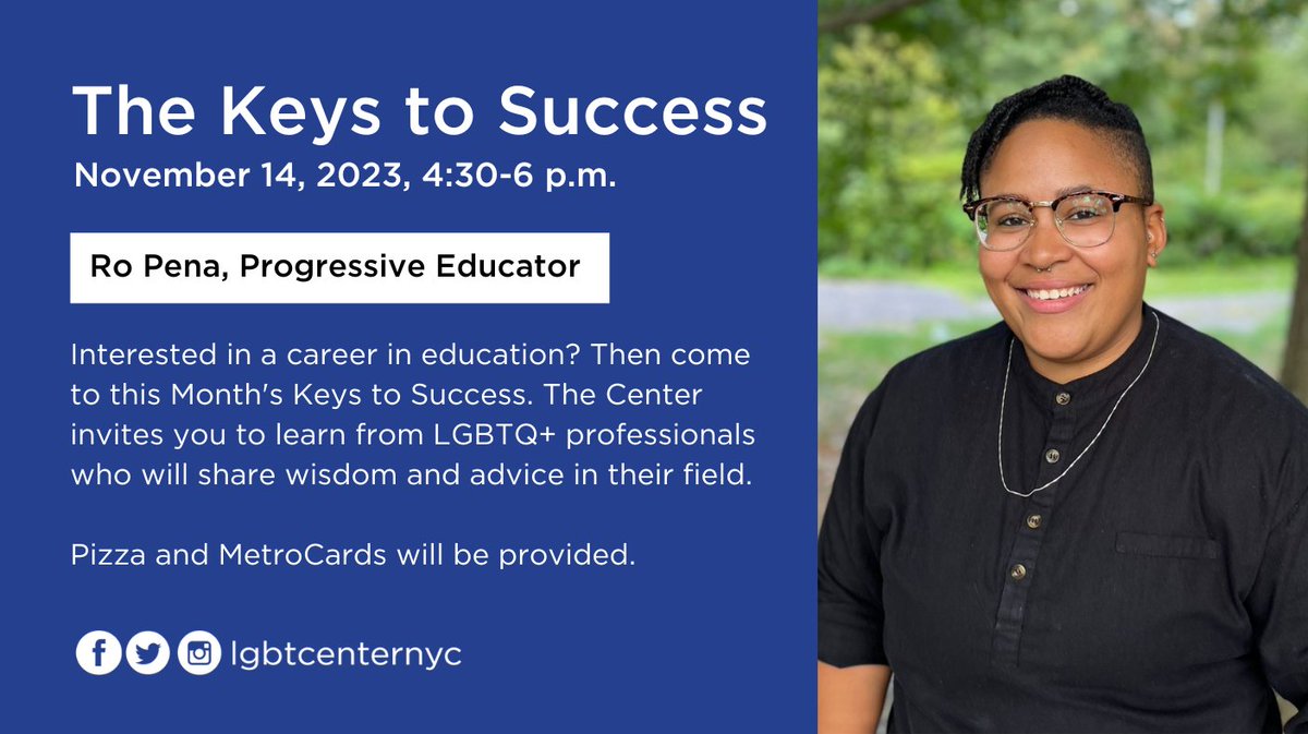 LGBTCenterNYC's tweet image. Our next #KeysToSuccess will feature Ro Pena. Come hear about their work as a #NYC educator. Pizza and MetroCards will be provided!

🗓️November 14 | 4:30-6 p.m.

For any questions, email ltruth@gaycenter.org.