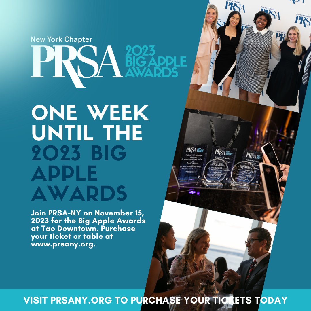 The countdown is on! There is just ONE WEEK left until the #BigAppleAwards2023! Purchase your ticket or table at prsany.org/event/BA2023. #BigAppleAwards #PRSANY