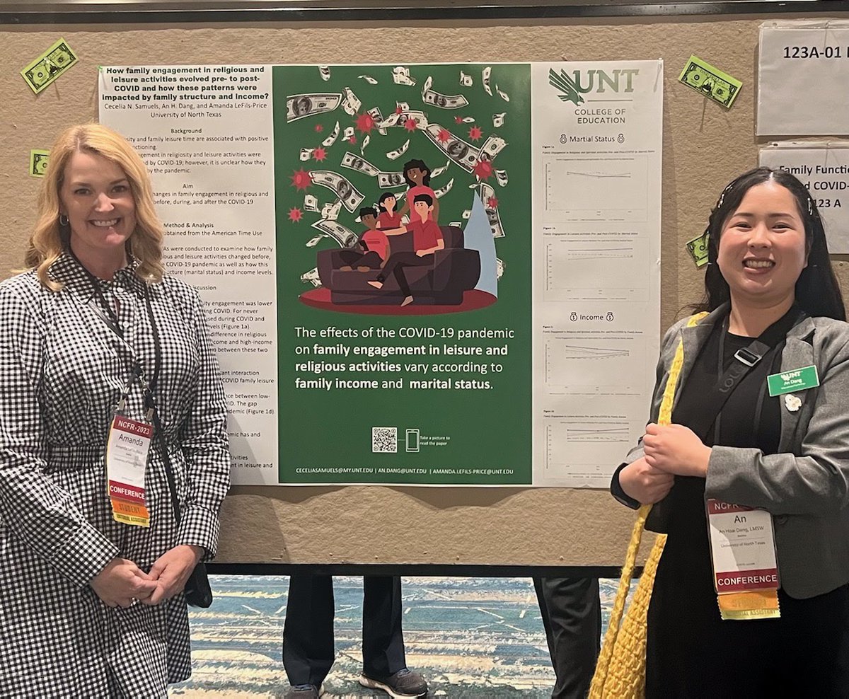 It's our honor to represent @UNTsocial @UNT_COE @UNT_EPSY to present our @ncfr research poster about the effects of the COVID-19 pandemic on family engagement in leisure and religious activities. #UNT #NCFR23 #familyscience #family #COVID