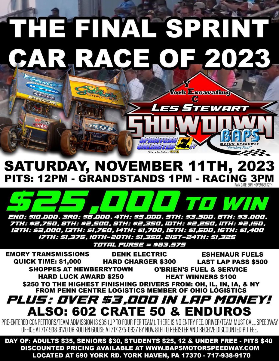 ‼️ Who wants to win 2 free grandstand tickets to this Saturday November 11 race?! Retweet this post! Winner announced tonight at 9pm! ‼️ 

🏎️ 410 Sprint Cars, 602 sportsman, Enduro 
⏰ Racing at 3pm
📺 SPRINTCARUNLIMITED.tv

Purchase tickets below! 🎟️ 
myracepass.com/tracks/2660/ti…