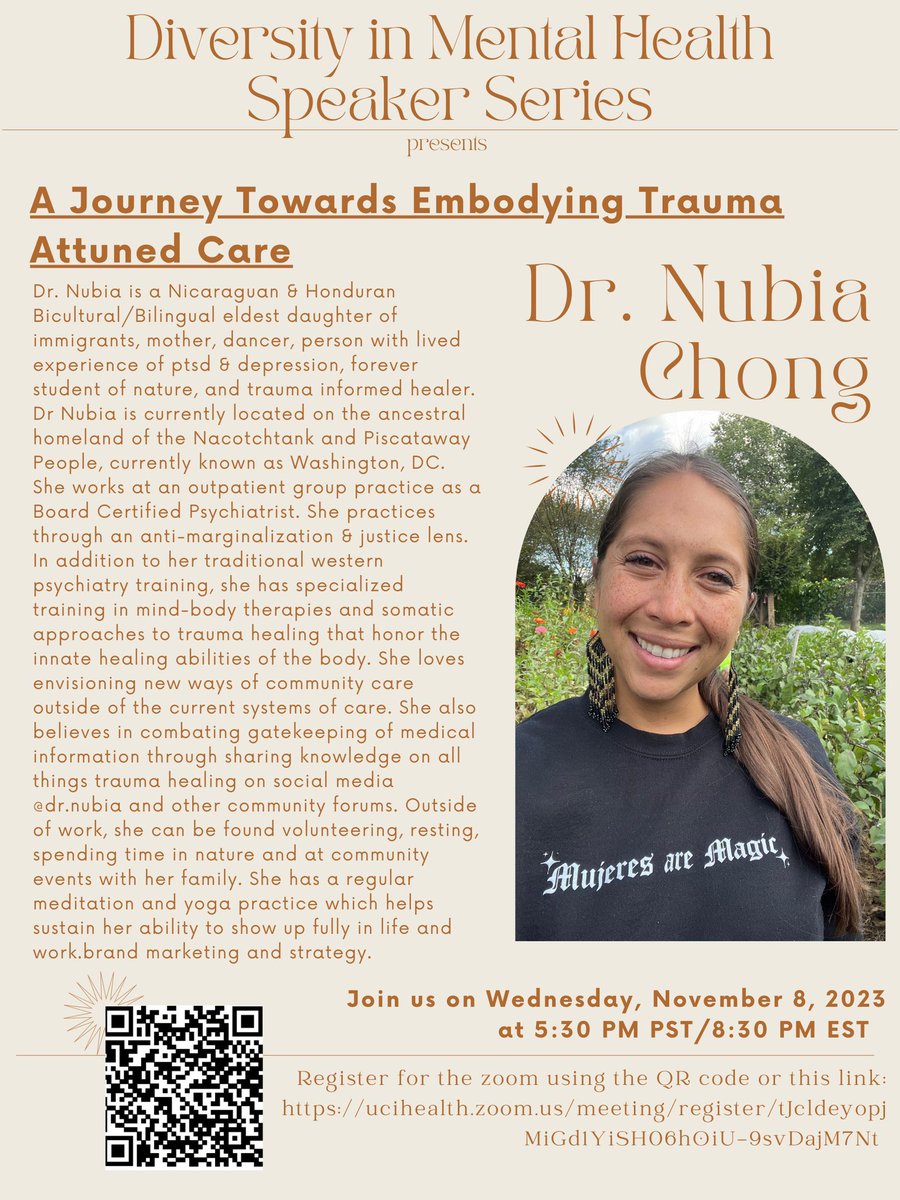 perserveringP's tweet image. We’re back!!! Diversity in Mental Health series now officially part of the UCI medical education curriculum! 
Register Below! Our first talk is tonight at 5:30PM PST 

#latinxinpsych #DiversityAndInclusion #diversityinpsychiatry 

ucihealth.zoom.us/meeting/regist…