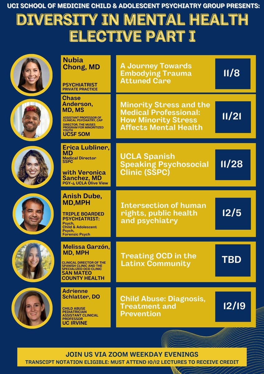 perserveringP's tweet image. We’re back!!! Diversity in Mental Health series now officially part of the UCI medical education curriculum! 
Register Below! Our first talk is tonight at 5:30PM PST 

#latinxinpsych #DiversityAndInclusion #diversityinpsychiatry 

ucihealth.zoom.us/meeting/regist…