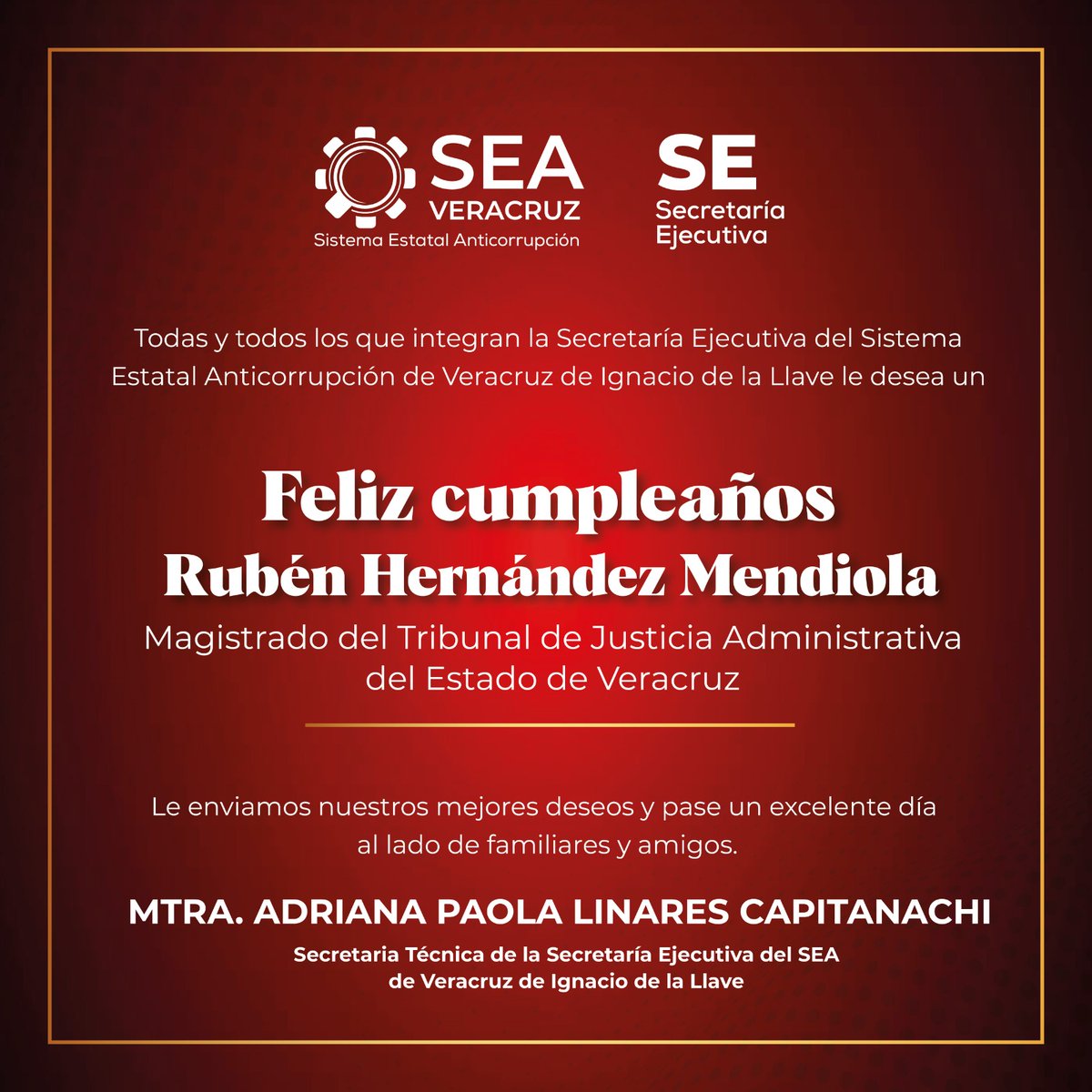 SESEAVOficial's tweet photo. Enviamos una felicitación al Mgdo. Rubén Hernández Mendiola del @TRIJAEV , ente integrante de la @SESEAVOficial .Quien hoy celebra su cumpleaños 🥳🎉 De parte de todos los que conformamos la #SESEAV le deseamos nuestros mejores deseos este día tan especial ¡Muchas Felicidades! https://t.co/EenpzX5yg3