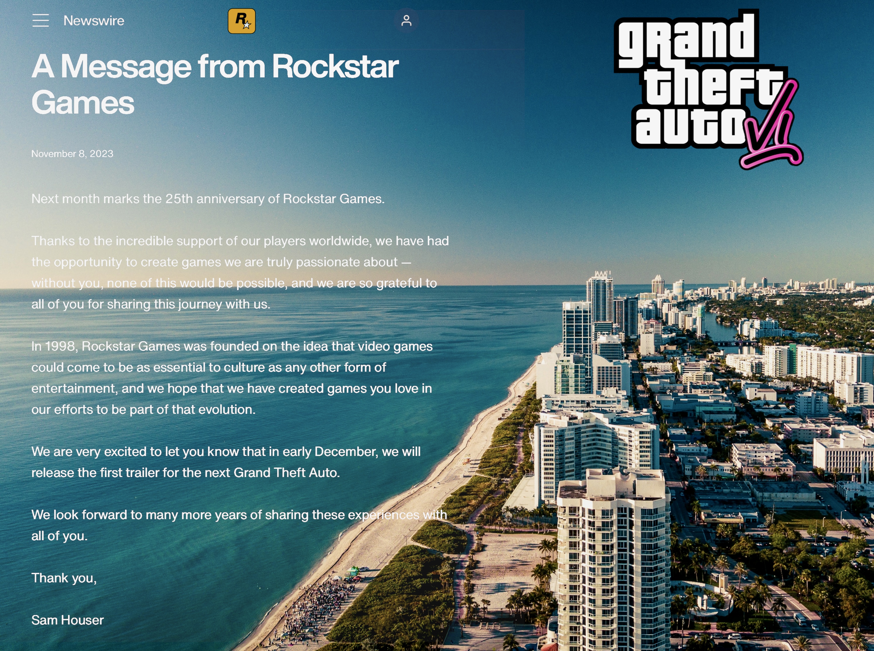 GTA 6: Rockstar Games Announces Trailer Coming Next Month