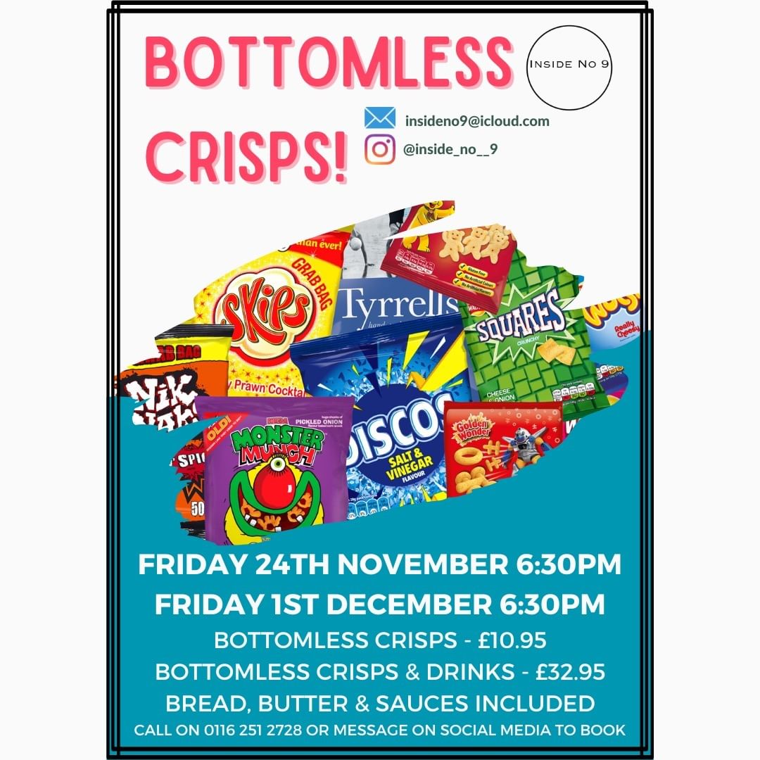 coolasleicester's tweet photo. How many packets of crisps can YOU eat in 90 minutes? The challenge is on at Inside No 9.

15 different crisps plus bread, butter &amp; sauce for crisp butties included - £10.95

Include bottomless draught beer, cocktails and selected spirits for £32.95

📲Call 0116 251 2728 to book! https://t.co/qVJ81sjlbi