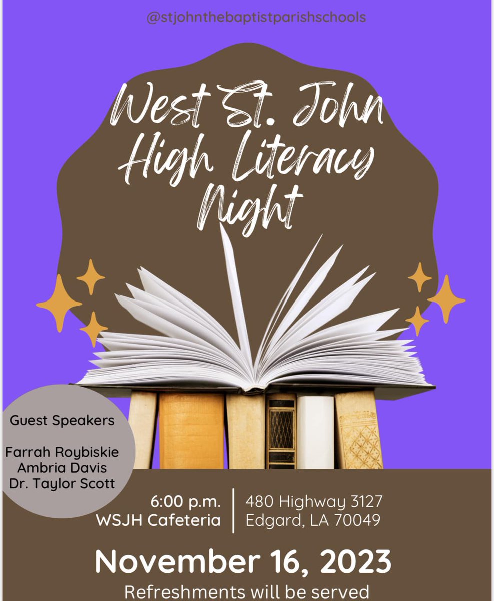 SJBPS118's tweet image. Mark your calendars @WestStJohnHigh!

Literacy night is just one week away!