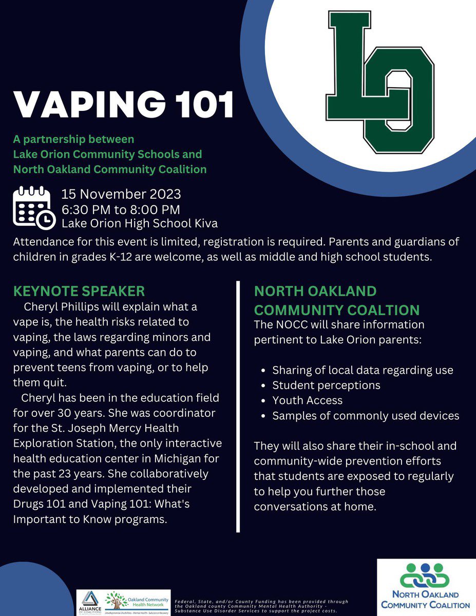 The <a href="/NOCCMI/">NOCC</a> is working in partnership with <a href="/LkOrionSchools/">Lake Orion Community Schools</a> to present "Vaping 101." This Parent University training, taking place on 11/15 from 6:30-8 p.m., provides the space to discuss all things related to vaping.
 Register: forms.office.com/r/Uj0s5pjEcz 
#ProtectTheThunder