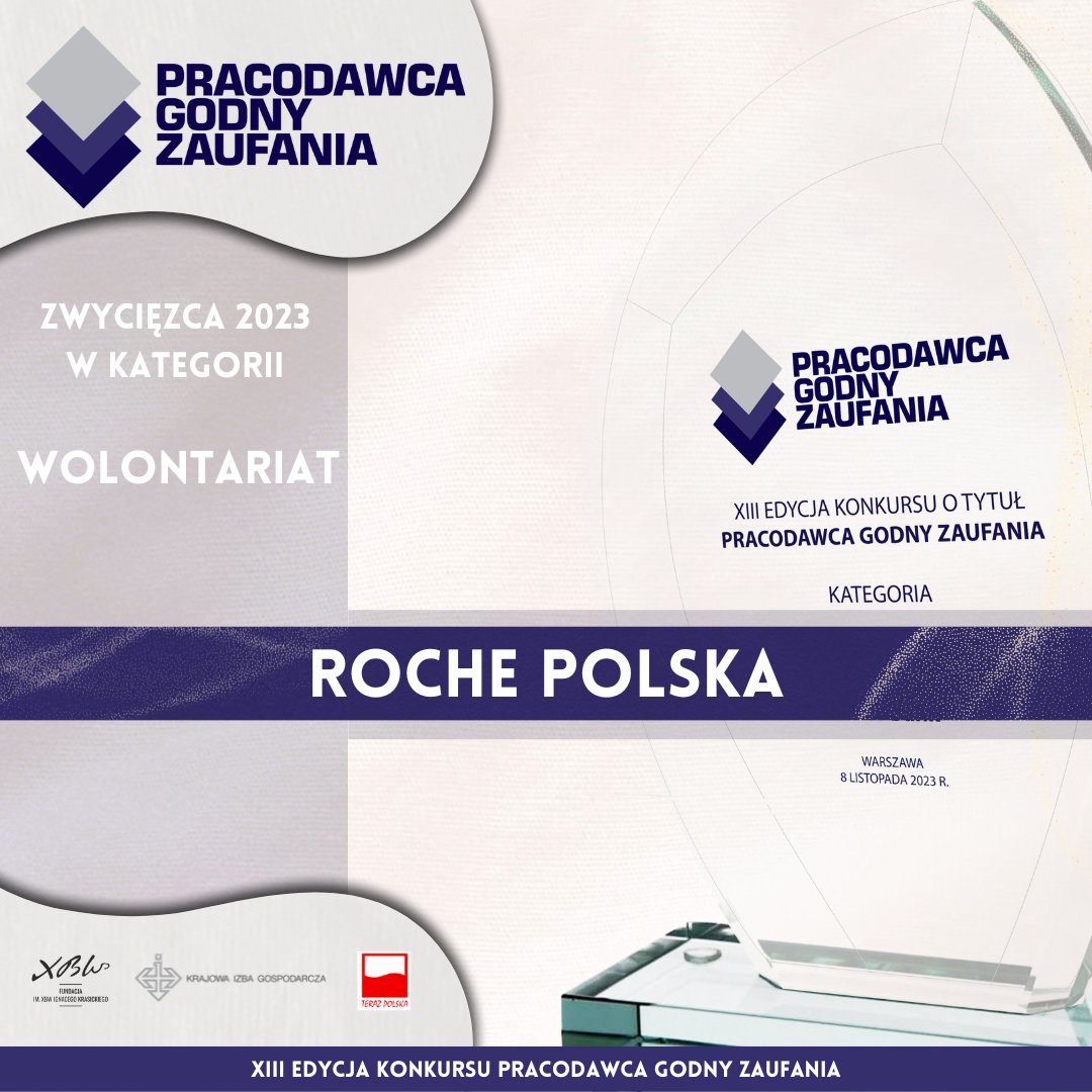 Zwycięzcą Konkursu Pracodawca Godny Zaufania w kategorii WOLONTARIAT jest: 
<a href="/Roche/">Roche</a> 
Firma w 2022 roku wprowadziła program „Take Time for Charity”: każdy pracownik może otrzymać 1 lub 2 tygodnie płatnego urlopu na wsparcie dowolnego celu charytatywnego. Gratulujemy!! <a href="/RochePolska/">Roche Polska</a>