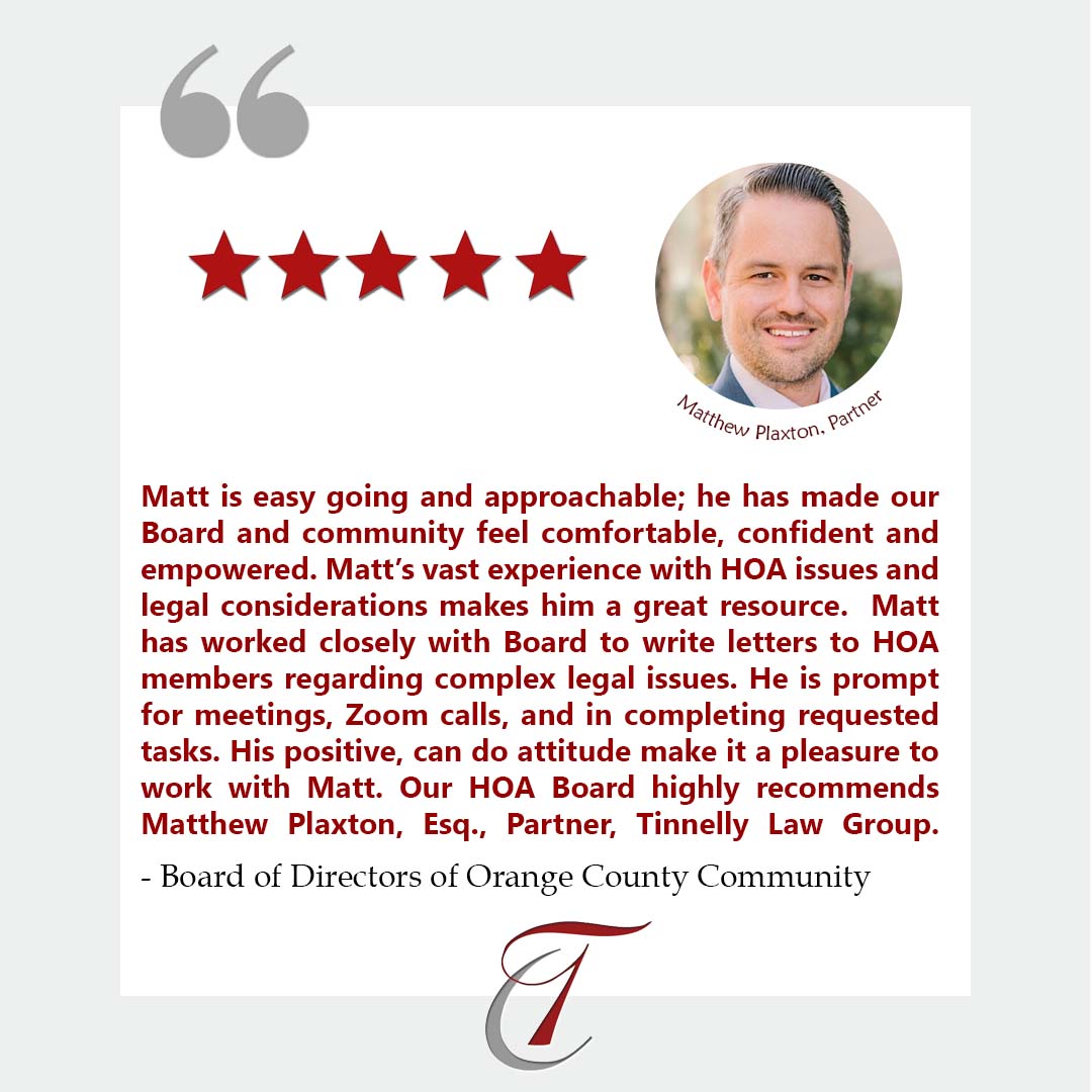 CAHOALaw's tweet image. A very special and well-deserved #TestimonialTuesday for our partner, Matthew Plaxton! A local Orange County Board of Directors were so impressed with Matt, that they decided to write US a letter of recommendation. Way to go Matt and #TeamTinnelly! #HOA #CommunityAssociation