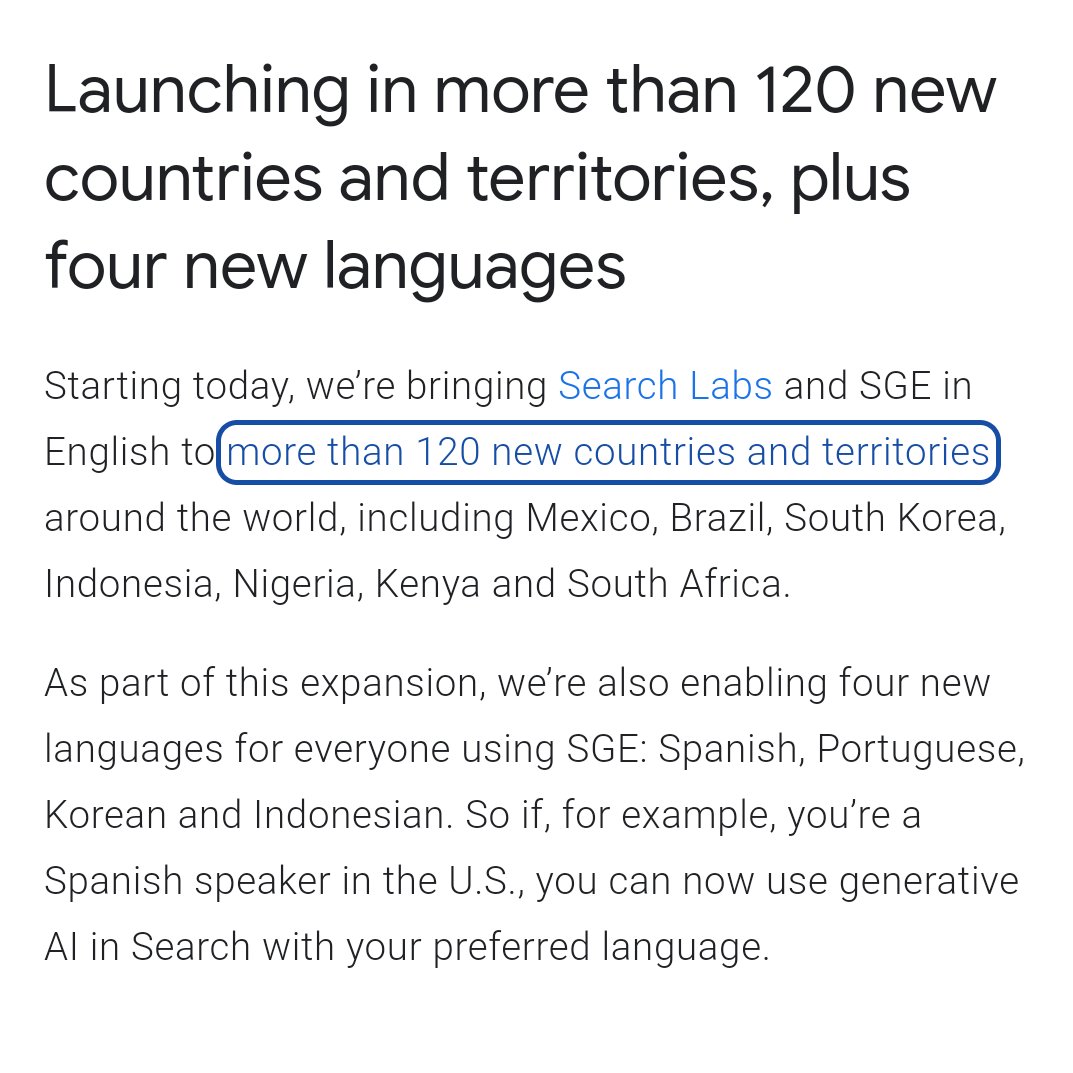 seostratega's tweet photo. Google anuncia que expande SGE a 120 países y 4 nuevos idiomas, incluyendo el español.

Pero ojo, España no está entre los 120 países de la lista. Es decir, usuarios en México podrán hacer búsquedas y recibir respuestas con SGE en español, pero en España aún no estará operativo. https://t.co/wctpq4F4yQ