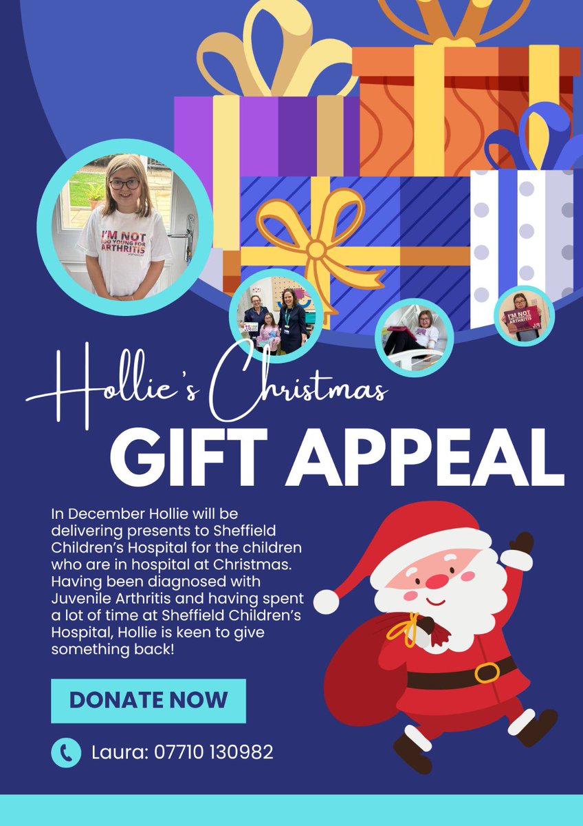 LauraKy00395097's tweet photo. Would anyone or any businesses like to help Hollie in her Christmas Gift Appeal for Sheffield Children's Hospital NHS and Charity? If easier to give me cash I can buy gifts with it or collect if anyone has anything to donate 🎅🏻
@CCAA_org @SheffChildrens @SheffieldStar @BBCSheffie https://t.co/ZWjYZQ0wCD
