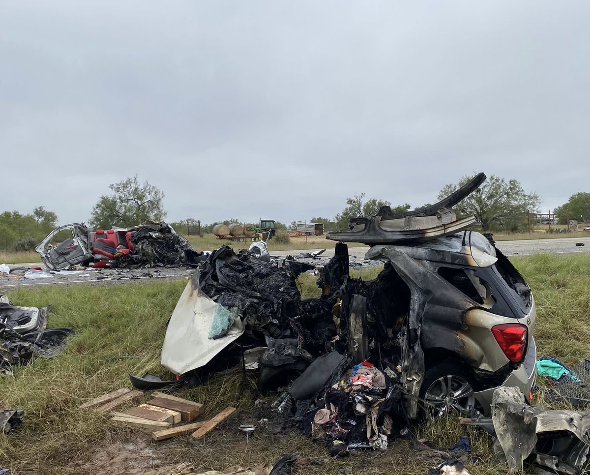 BillMelugin_'s tweet photo. BREAKING: 8 people are dead, including two innocent Americans, after a human smuggler driving a vehicle full of illegal immigrants crashed head on into a SUV while evading police in Batesville, TX, killing everyone in both vehicles, according to @TxDPS. Deceased Americans from Georgia, several deceased illegal immigrants from Honduras, deceased smuggler from Houston. 
Photos: TX DPS