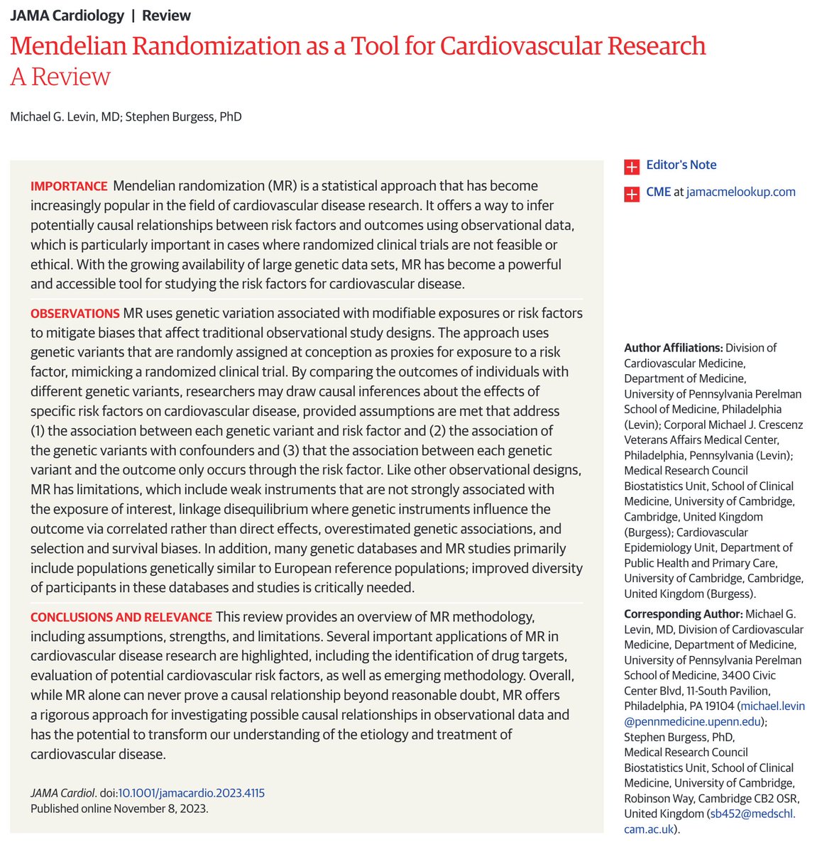 Excited to see our review of Mendelian Randomization as a Tool for Cardiovascular Research now in print @JAMACardio 1/