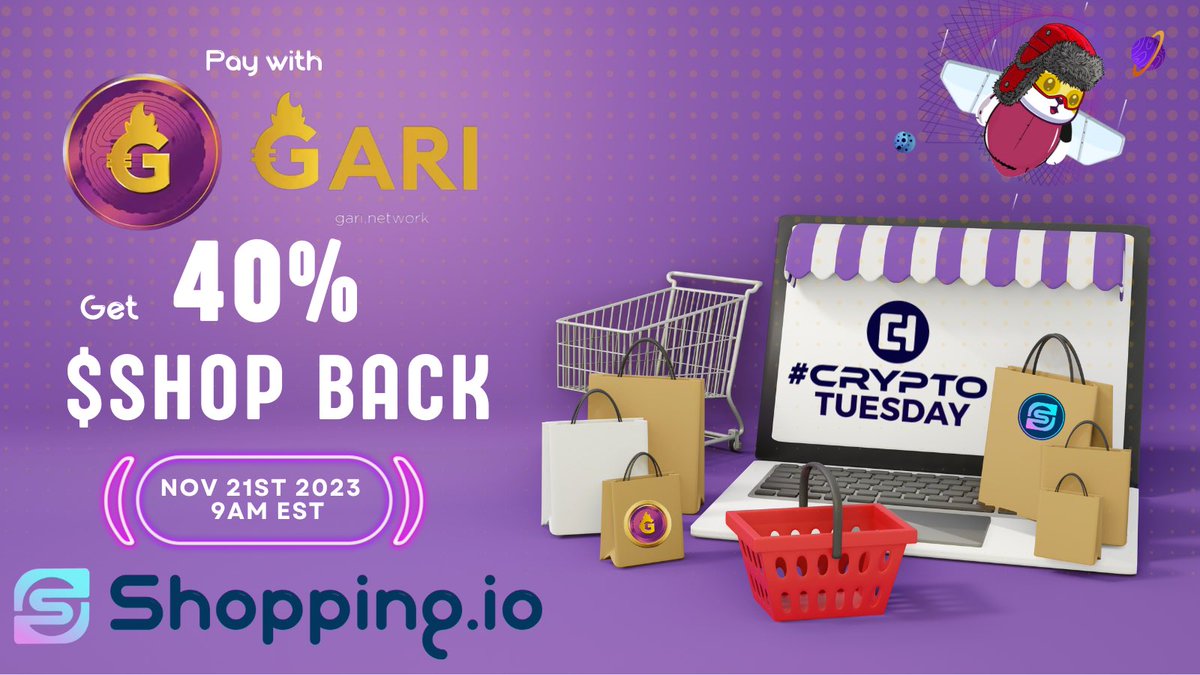 shopping_io's tweet photo. 🎉 #CryptoTuesday is coming on November 21st and with GARI Network you can get 40% $SHOP BACK! 🐼

Use code: "CryptoTuesday2023" to get 30%, then Checkout using  $GARI with an extra 10% on all your purchases🚀

Get ready for a shopping day like no other! 🛍️ Find out more: https://t.co/rvNUecLDKk

 #Shopwithcrypto #GARI #token
#Cryptocurency #Shopping #cashback #Sale