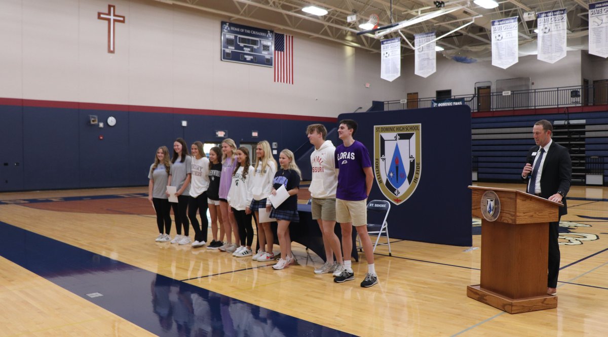 Congrats to 10 #StDominic2024 student-athletes who participated in today's National Signing Day! We are proud to share these students who committed to compete at the college level: (1/3)

•Sydney Borho | Cheer – Columbia College
•Brayden Gardner | Basketball – Loras College