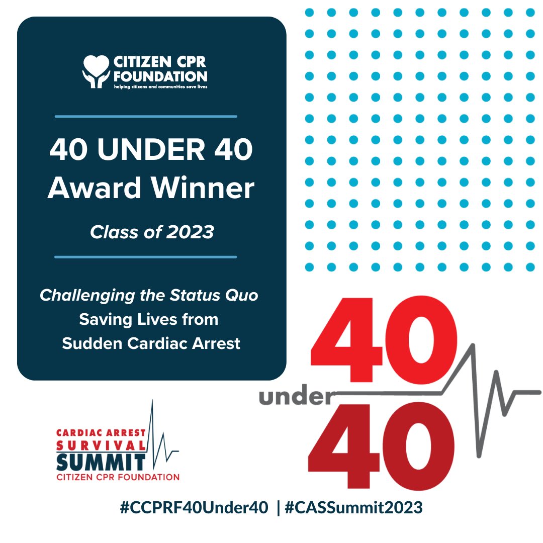 I have been honored with being a 40 Under 40 Award Winner for Citizen CPR Foundation in recognition of my contributions to the field of cardiac arrest! 

To be presented at the Cardiac Arrest Survival Summit in San Diego. 

citizencprsummit.org #CASSummit2023
