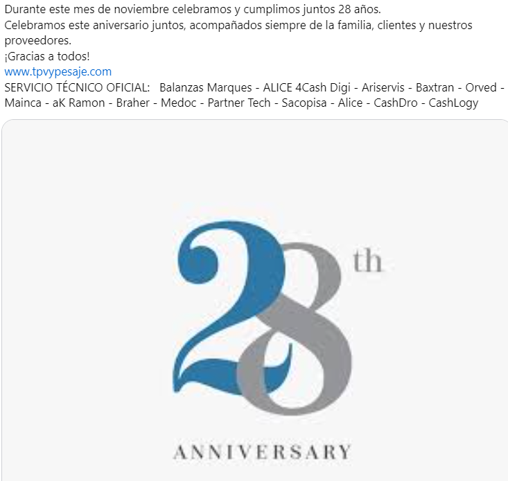 TpvyPesaje's tweet photo. Durante este mes de noviembre celebramos y cumplimos juntos 28 años.  Celebramos este aniversario juntos, acompañados siempre de la familia, clientes y nuestros proveedores. ¡Gracias a todos! www.tpvypesaje.comSERVICIO TÉCNICO OFICIAL:   Balanzas Marques - ALICE 4Cash https://t.co/jOhqEW2ovO