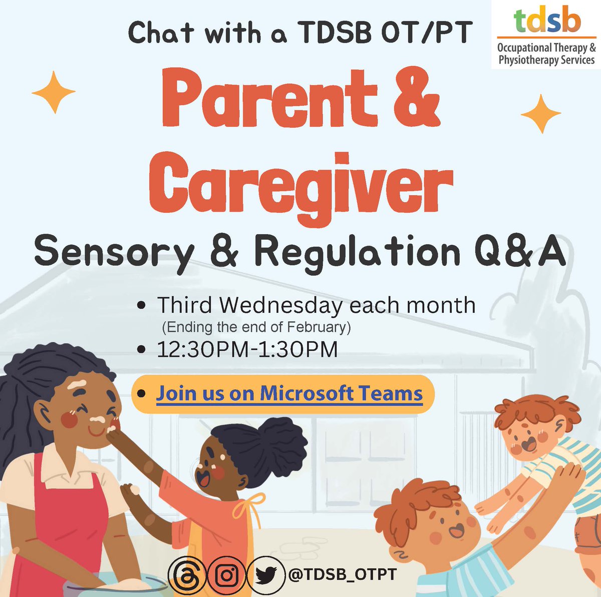 @tdsb_otpt
Invites you to join our Sensory and Regulation Q&amp;A For Parents on November 15, 2023 from 12:30 PM to 1:30 PM.   Do you have questions about sensory processing? Do you want to learn more about co-regulation?  Come chat with our amazing OTs!
bit.ly/otptSensoryPar…