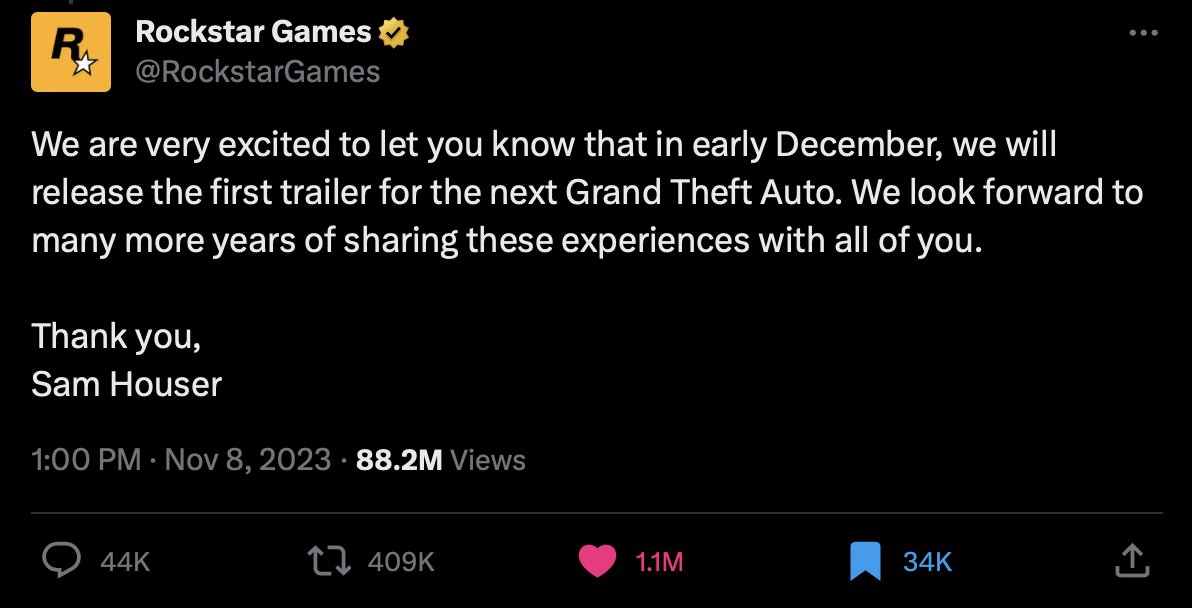 GTA 6 Intel on X: Rockstar's GTA 6 announcement post is now the most liked  gaming tweet ever (1.1M likes). The 2nd most liked tweet is Rockstar's  statement on the leaks (1M