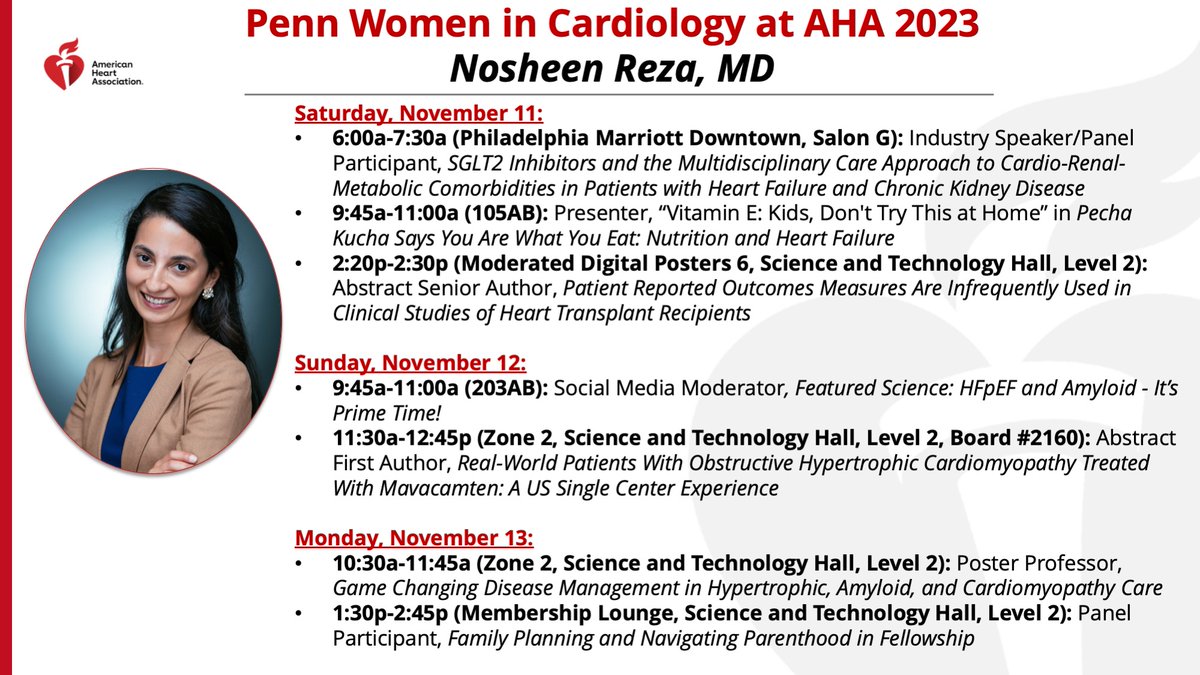 Penn Women in Cardiology (@penncvwomen) on Twitter photo Assistant Professor of Medicine, Founding Director of <a href="/PennCVWomen/">Penn Women in Cardiology</a>, and @nih_nhlbi K23 awardee <a href="/noshreza/">Nosheen Reza, MD, MS</a> will be speaking and sharing science on #HeartFailure, #cvHCM, #cvGenetics, and career development topics at <a href="/AHAScience/">AHA Science</a> #AHA23 Assistant Professor of Medicine, Founding Director of <a href="/PennCVWomen/">Penn Women in Cardiology</a>, and @nih_nhlbi K23 awardee <a href="/noshreza/">Nosheen Reza, MD, MS</a> will be speaking and sharing science on #HeartFailure, #cvHCM, #cvGenetics, and career development topics at <a href="/AHAScience/">AHA Science</a> #AHA23