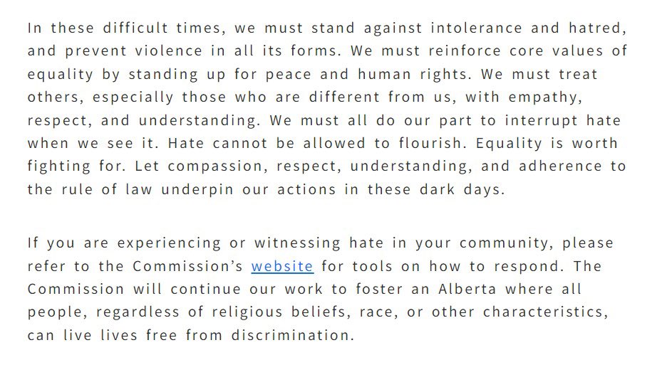 Statement from the Chief of Alberta Human Rights Commission. 

Standing against rising anti-Semitism and Islamophobia in Alberta 
#ableg #albertahumanrights