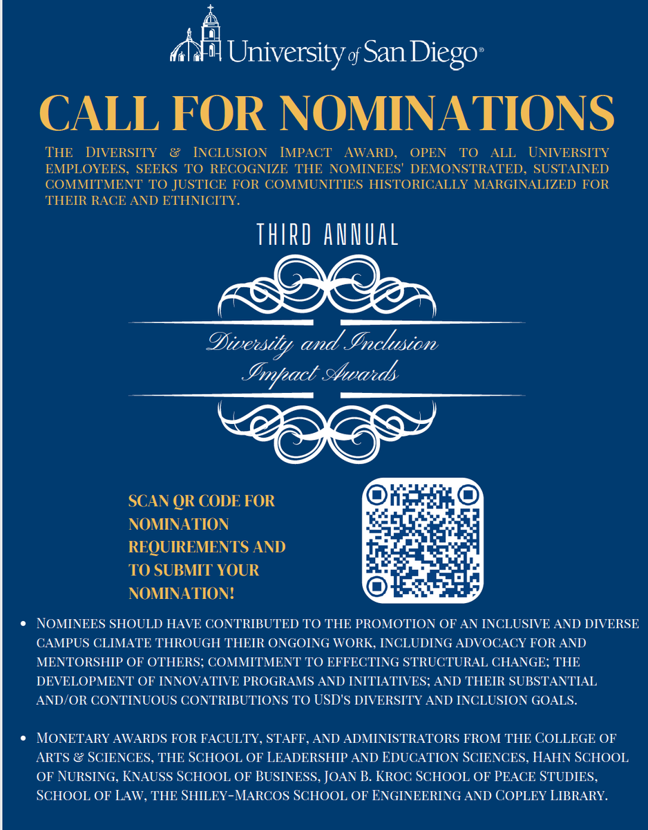 Call for nominations for the Diversity &amp; Inclusion Impact Award. Nominees must be faculty, staff and administrators. Deadline for nominations is Nov. 15, 2023. Prior awardees are not eligible. 

Make your nomination today: hubs.ly/Q028798s0