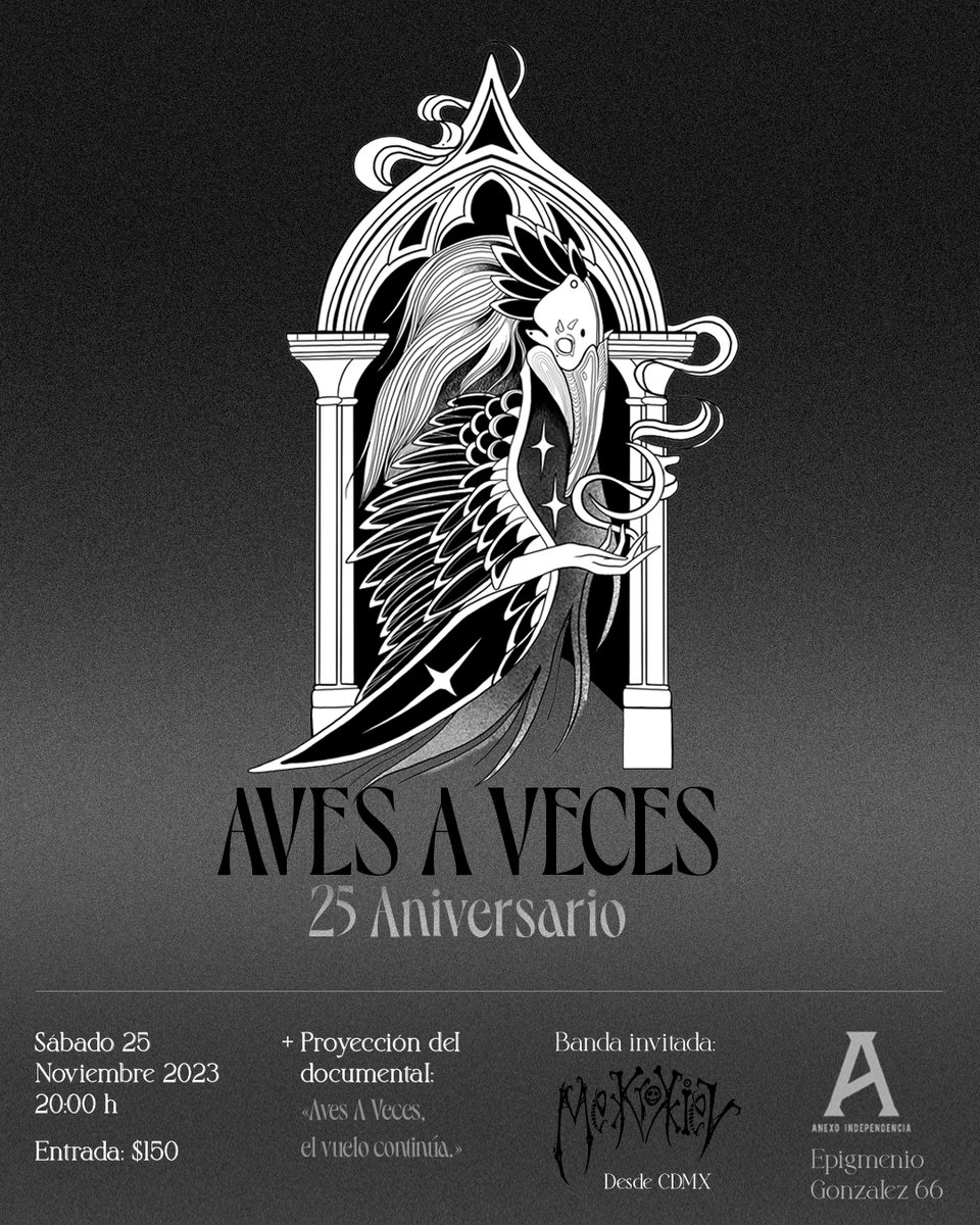 Para el poster de este aniversario contamos con dos talentos. Por una parte Yue Kirarte recreó libremente nuestro logo que es un ave con su pico clavado al pecho; por otra parte Javier Villalpando nos regaló el diseño gráfico del cartel.
Nos vemos el 25 de noviembre.