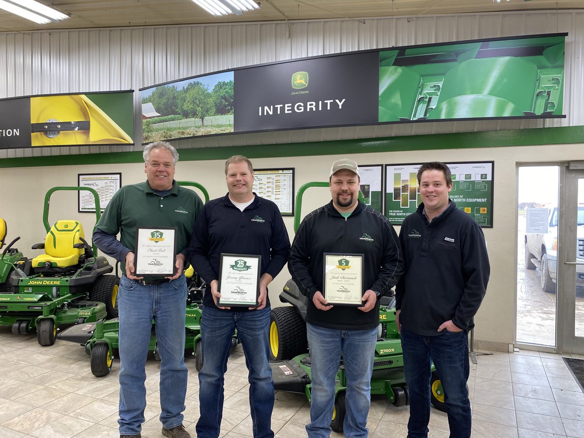 Congratulations to these fine gentlemen on their milestone years of service! Chuck Dub 35 years, Jeremy Glanner 25 years, and Josh Burianek 5 years. We appreciate your dedication to True North Equipment and our customers!