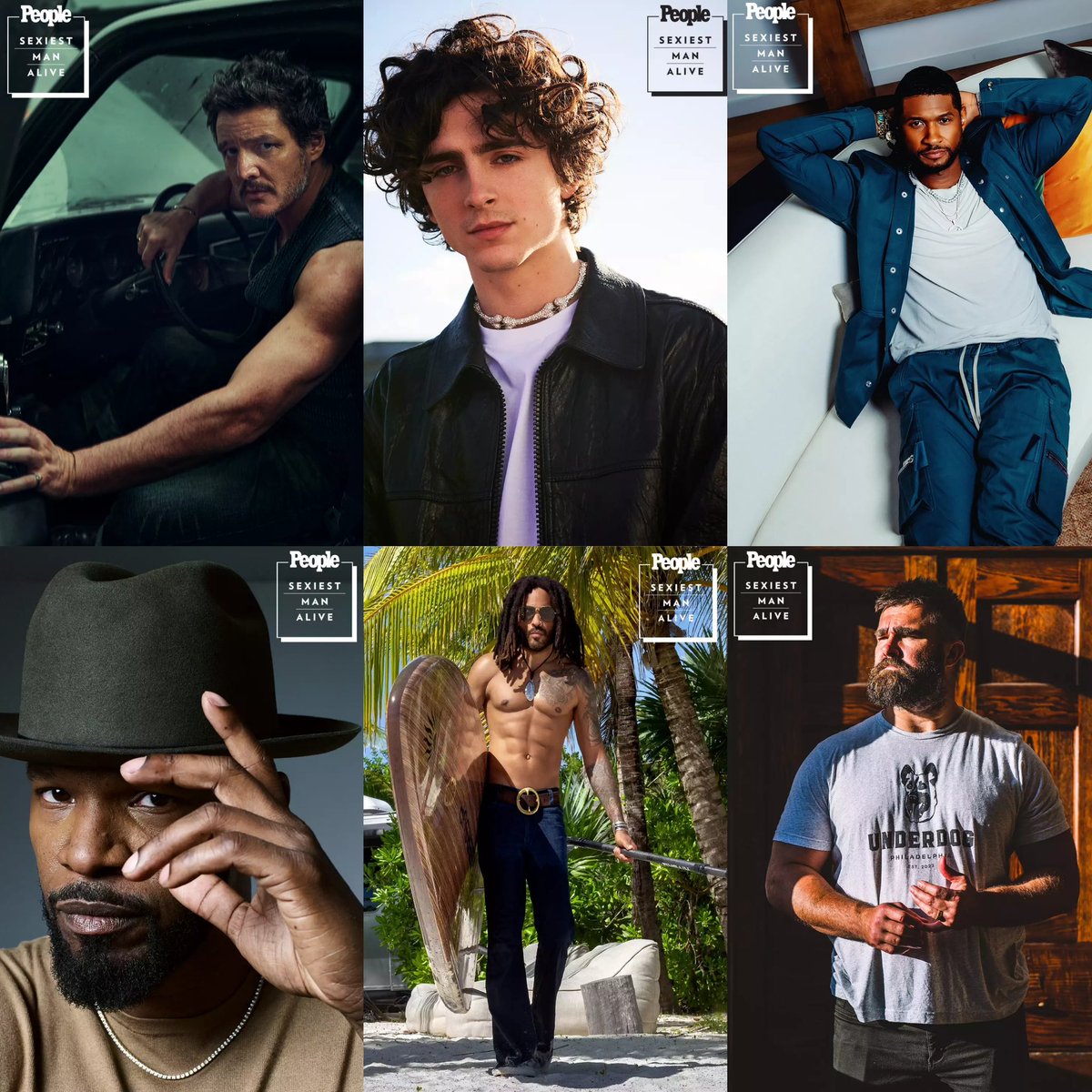 PopBase's tweet photo. Pedro Pascal, Timothée Chalamet, Usher, Jamie Foxx, Lenny Kravitz and Jason Kelce were all finalists for People’s Sexiest Man Alive of 2023, which went to Patrick Dempsey. https://t.co/UoGEsWB5Qw
