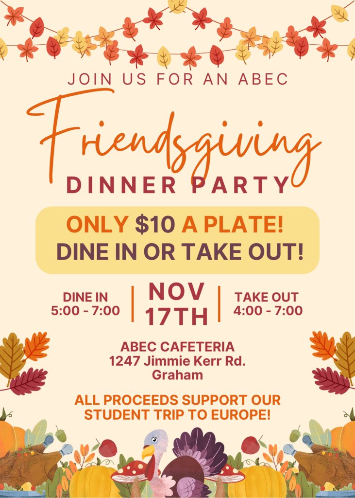 ABECatACC's tweet photo. Save the Date!  Our Friendsgiving Fundraiser Dinner is Friday, Nov. 17th!  All proceeds help fund our student trip to Europe!  Dine-In or Take-Out!  Meal includes Salad, Bread, Spaghetti, Dessert &amp; Drink for ONLY $10!  And we'll be raffling off some incredible prizes! 🍽 https://t.co/1q2Pe5TfzB