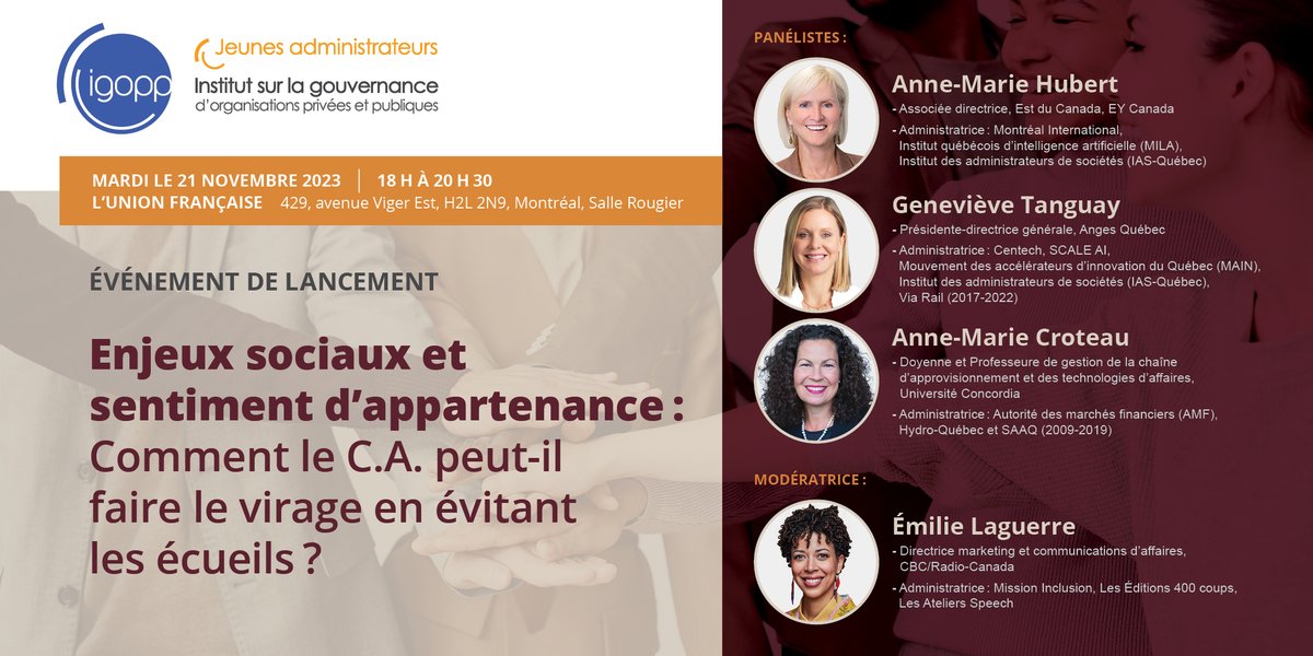 Enjeux sociaux et sentiment d’appartenance : Comment le C.A. peut-il faire le virage ? Invitation au panel des JAIGOPP du 21 novembre prochain (18h à 20h30). Pour les détails, voir : lnkd.in/gU27J5Qc
<a href="/EYCanada/">EY Canada</a> <a href="/Concordia/">Concordia University</a> <a href="/angesquebec/">Anges Québec</a> <a href="/CBCRadioCanada/">CBC/Radio-Canada</a>