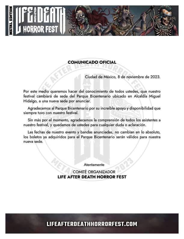 Mañana les tendremos anunciada la nueva sede del festival Life After Death Horror Fest 🔥🔥🔥

Life After Death Horror Fest  #lifeafterdeath #parquebicentenario #metal #saxon #alicecooper #wasp #LitaFord