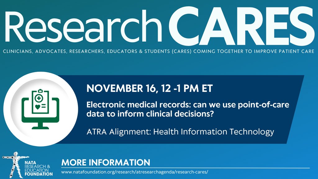 Let's improve patient care together!  Join <a href="/KennyLam_/">Kenny Lam</a>
and the ATRA Committee on Nov16 for our next #ResearchCARES discussion on Electronic Medical Records &amp; Clinical Decision-Making.

Learn more and register at natafoundation.org/research/atres…

<a href="/BOCATC/">BOCATC</a> <a href="/CAATEUS/">CAATE</a> <a href="/NATA1950/">NATA</a>