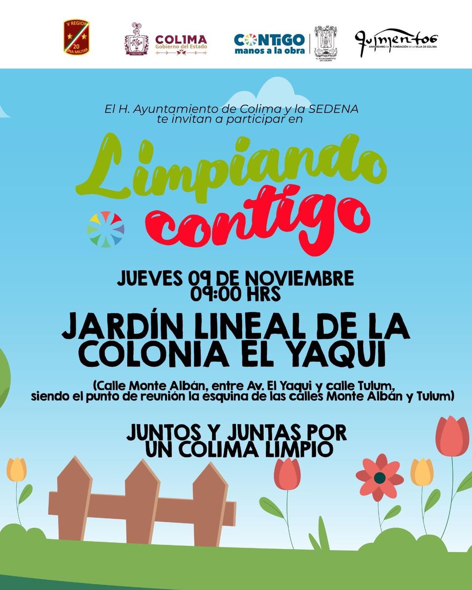 ColimaMunicipio's tweet photo. ¡Continuamos #LimpiandoContigo🧹 la capital!
En equipo con la Sedena estaremos limpiando el jardín lineal en #ElYaqui, acude con tu familia y vecinos al punto señalado para juntas y juntos tener el #ColimaLimpio que queremos. https://t.co/RmcbVUFCdx