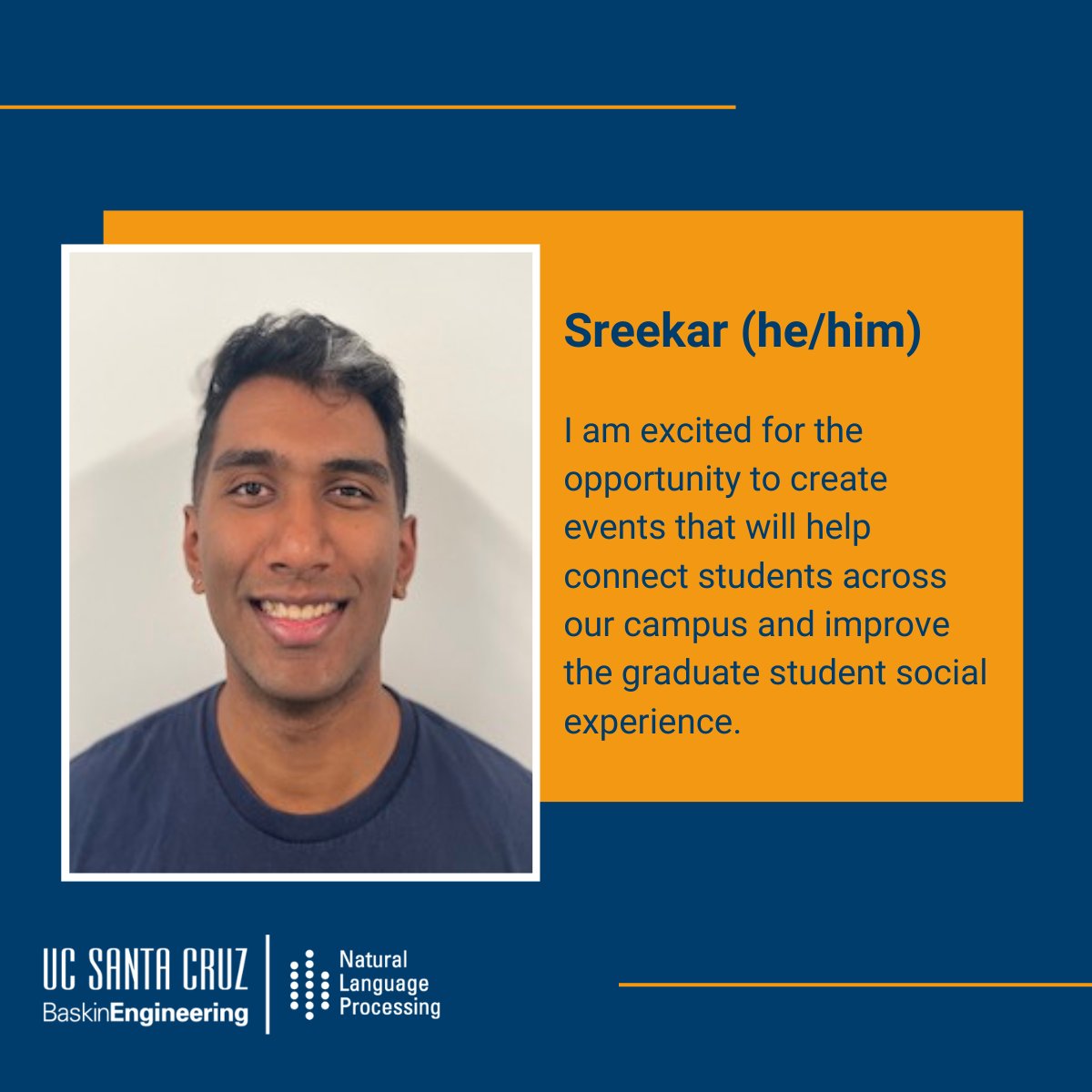 UCSC_NLP_MS's tweet image. We are thrilled to introduce our NLP Community Managers: Sreekar, Devasha, and Steven! We are beyond excited for the year ahead 🥳

#ucsantacruz #baskinengineering #NLProc