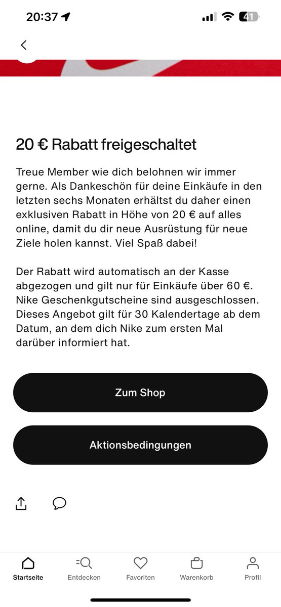 hello <a href="/nikestore/">Nike.com</a> <a href="/Nike/">Nike</a> <a href="/nikesupport/">Nike Support</a> 

I saw within the app that there is a 20€ discount if you purchase for 60€ … but the automatic coupon doesn’t work?