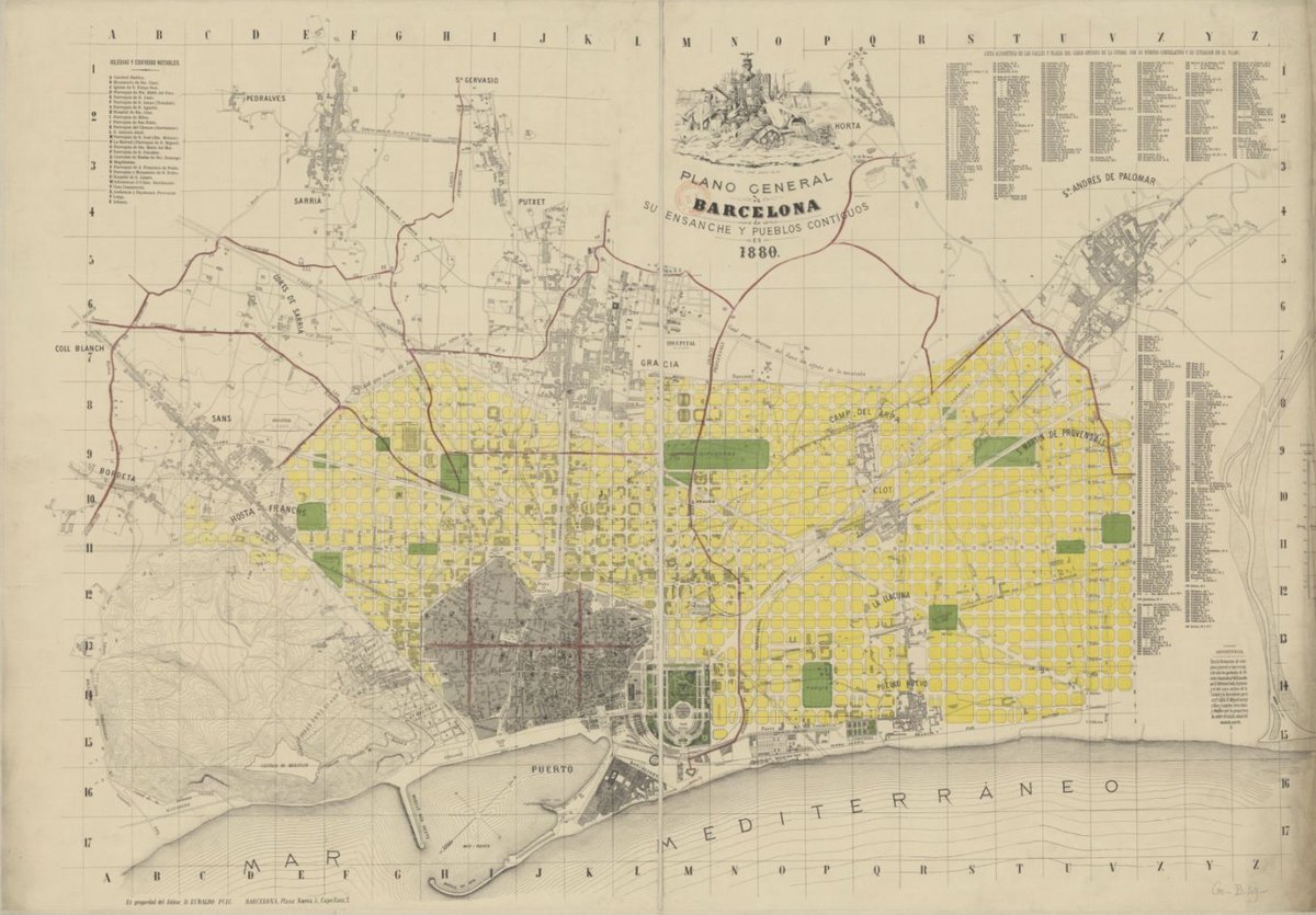 historiesdebcn's tweet photo. A la Bibliothèque Nationale francesa he localitzat aquest interessant mapa de Barcelona i els pobles de l'entorn (Sants, Gràcia, etc) de 1880.  

En vermell, els límits municipals. En groc, les illes projectades de l'Eixample i en gris les parcel·les edificades. #WorldUrbanismDay https://t.co/XBDPHeasPu