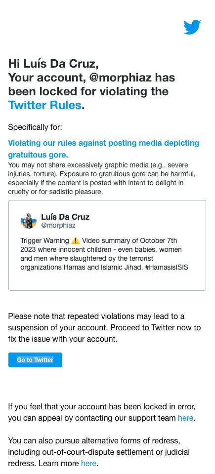 Twitter just locked my account and forced me to remove the last tweet with the summary of October 7th. @X and @elonmusk doesn't want YOU to see the truth.